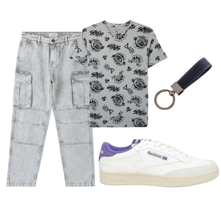 Outfit uomo - Total look #2092965. Stile Casual per Tutti i giorni. Abbinamento con sneakers, jeans, t-shirt, portachiavi.