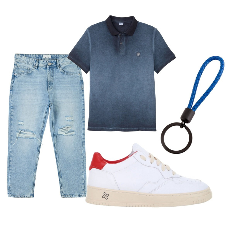 Outfit uomo - Total look #2092967. Stile Casual per Tutti i giorni. Abbinamento con polo, jeans strappati, sneakers, portachiavi.