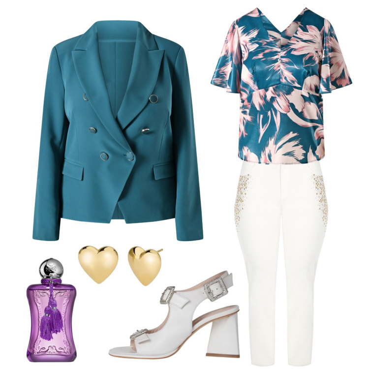 Outfit donna - Nel cuore delle magnolie. Stile Chic per Serata fuori. Abbinamento con sandali in pelle, profumi, orecchini, blazer, jeans dritti, top.