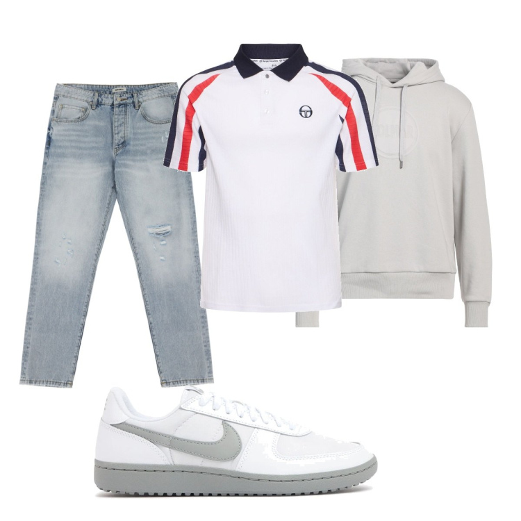 Outfit uomo - Total look #2092977. Stile Casual per Tutti i giorni. Abbinamento con felpe con cappuccio, jeans strappati, polo, sneakers.