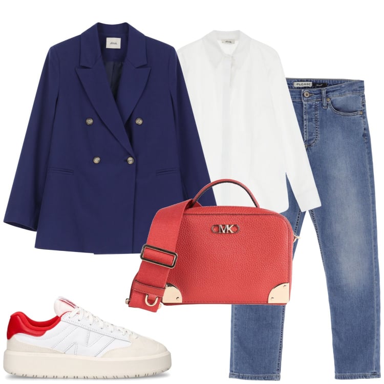 Outfit donna - Total look #2093000. Stile Casual chic per Tutti i giorni. Abbinamento con borse a tracolla, jeans, blazer, camicie, sneakers.