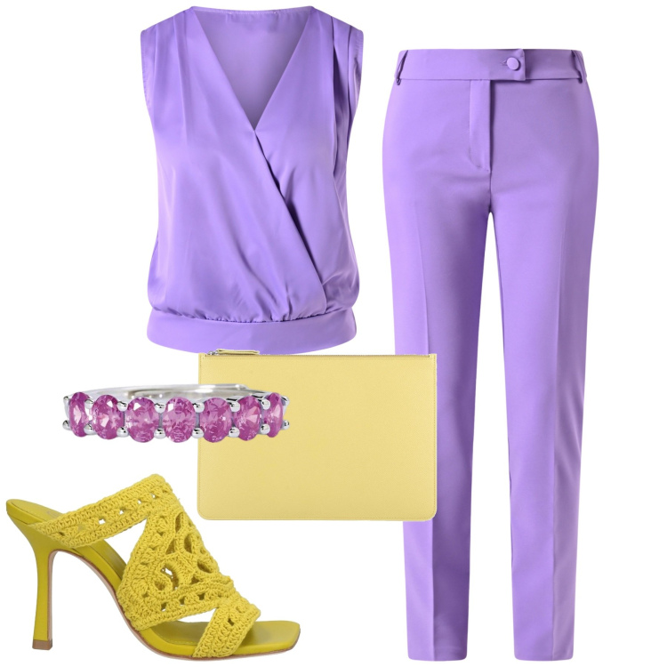 Outfit donna - City. Stile Urban per Tutti i giorni. Abbinamento con sandali in pelle, pochette, pantaloni, top, anelli.