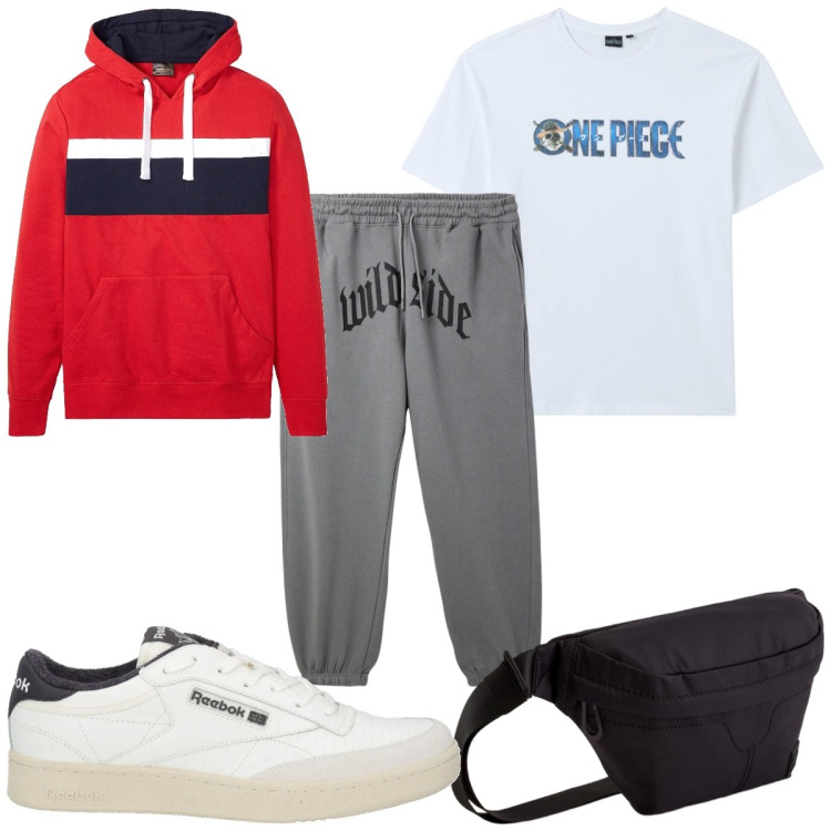 Outfit uomo - Total look #2093024. Stile Trendy per Sport. Abbinamento con felpe con cappuccio, sneakers, t-shirt, pantaloni, borse sportive.