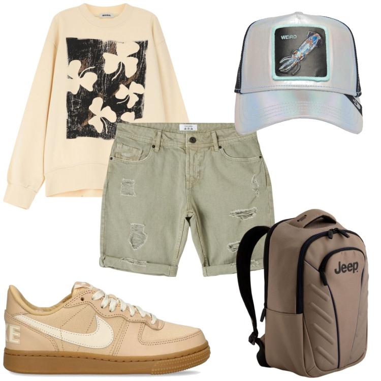 Outfit uomo - Total look #2093027. Stile Trendy per Tutti i giorni. Abbinamento con bermuda, felpe, sneakers, cappelli, borse sportive.
