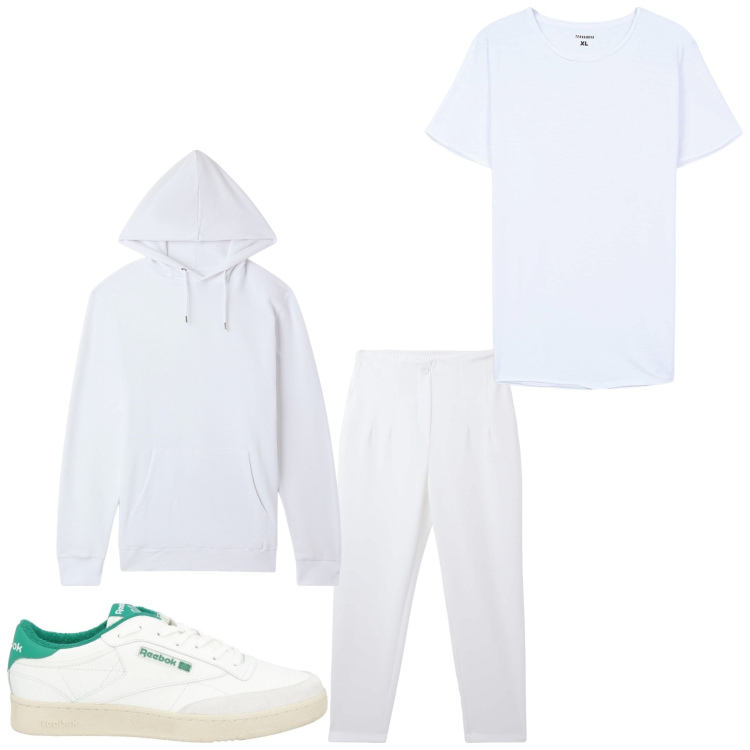 Outfit uomo - Tutto bianco. Stile Casual per Tutti i giorni. Abbinamento con sneakers, felpe con cappuccio, pantaloni chino, t-shirt.