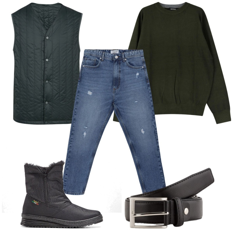 Outfit uomo - Total look #2093032. Stile Casual per Tutti i giorni. Abbinamento con stivali e stivaletti, jeans strappati, maglieria, piumini, cinture.