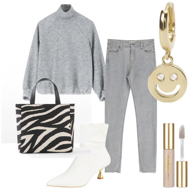 Outfit donna - Mattina sorridente. Stile Trendy per Tutti i giorni. Abbinamento con borse a mano, correttori, stivaletti, orecchini, jeans skinny, maglieria.