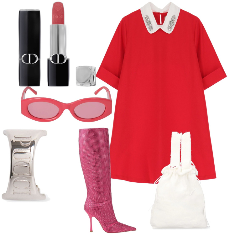 Outfit donna - Abito rosso. Stile Glamour per Serata fuori. Abbinamento con stivali, rossetti, vestiti corti, orecchini, occhiali da sole, borse a mano.