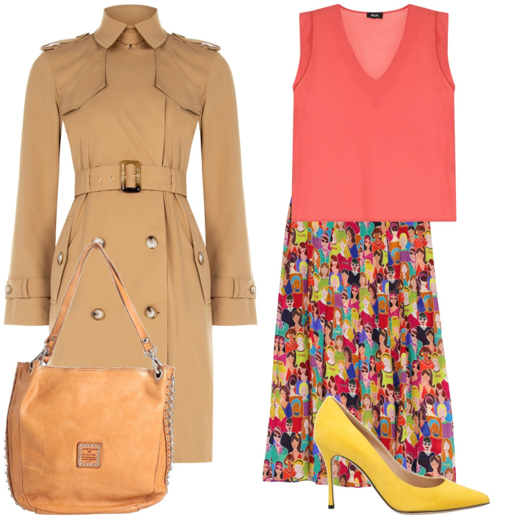 Outfit donna - Al ristorante. Stile Trendy per Tutti i giorni. Abbinamento con borse a mano, décolleté, gonne lunghe, top, trench.