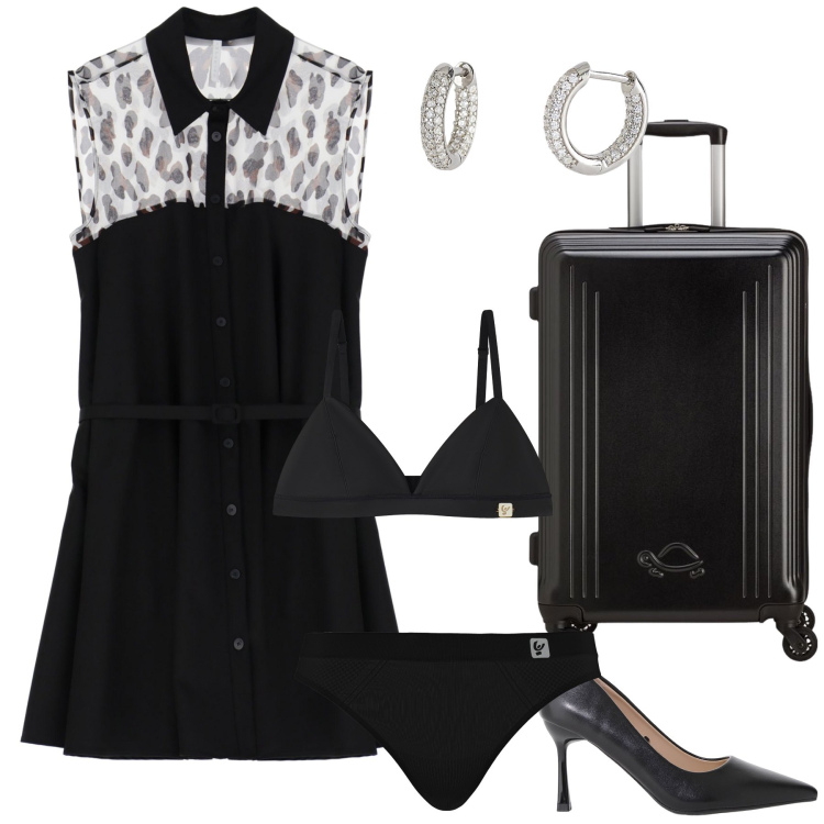Outfit donna - In viaggio. Stile Chic per Tutti i giorni. Abbinamento con orecchini, décolleté, vestiti corti, reggiseni, perizomi, valigie.
