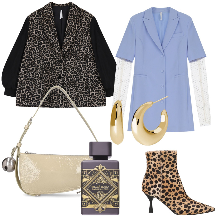 Outfit donna - Marzo look pazzerello. Stile Urban per Ufficio. Abbinamento con stivaletti, profumi, orecchini, vestiti corti, blazer, borse a spalla.