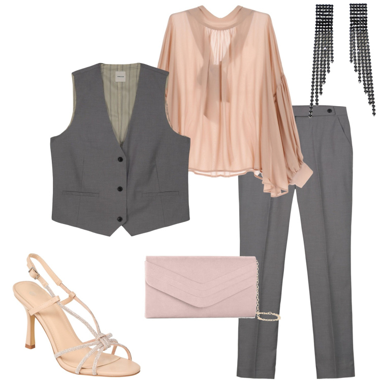 Outfit donna - Serata fuori. Stile Casual chic per Serata fuori. Abbinamento con pochette, sandali col tacco, camicie, orecchini, gilet, pantaloni.