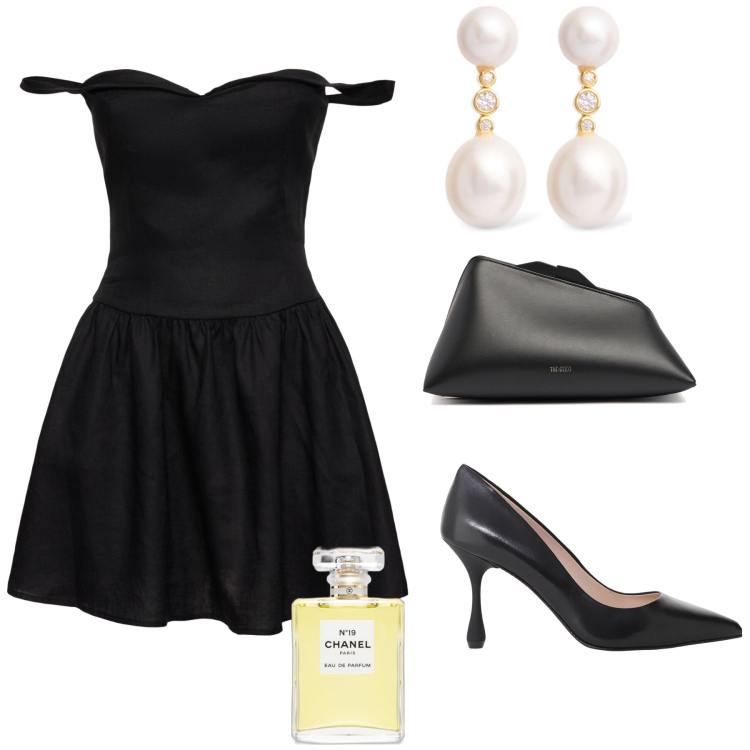 Outfit donna - Sempre W Chanel. Stile Chic per Serata fuori. Abbinamento con profumi, décolleté, pochette, vestiti, orecchini.
