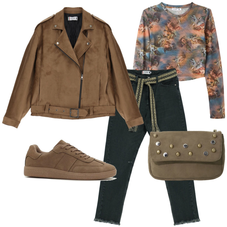Outfit donna - In città. Stile Casual per Tutti i giorni. Abbinamento con sneakers, borse a tracolla, t-shirt, blazer, jeans skinny.