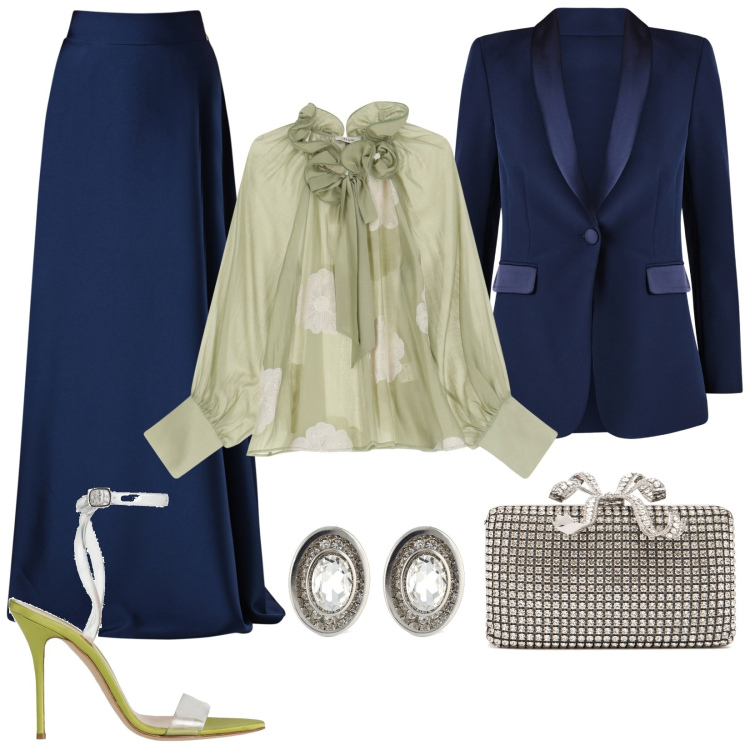 Outfit donna - Cerimonia glam. Stile Glamour per Cerimonia. Abbinamento con sandali in pelle, gonne lunghe, blazer, bluse, pochette, orecchini.