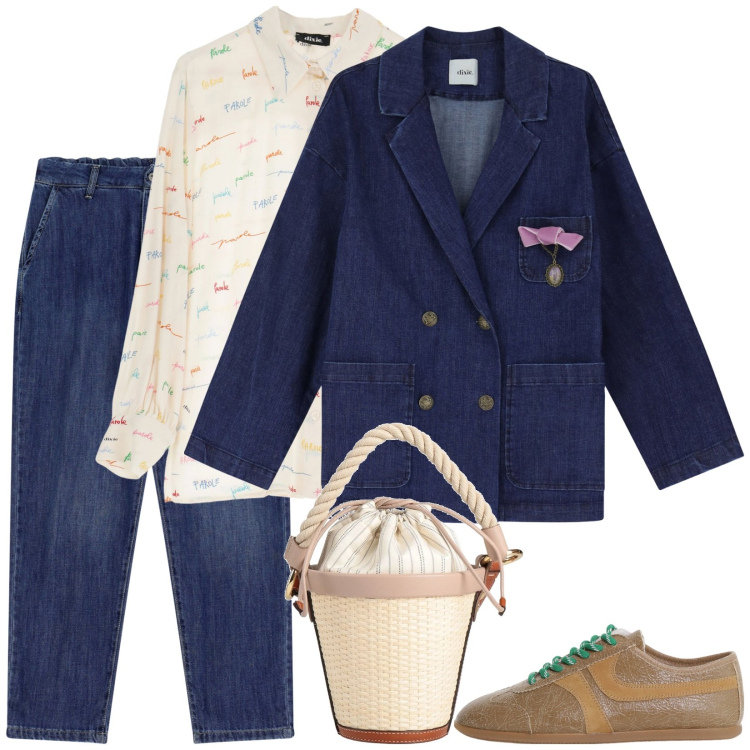 Outfit donna - Total denim. Stile Casual per Ufficio. Abbinamento con borse a secchiello, jeans, sneakers, blazer, camicie.