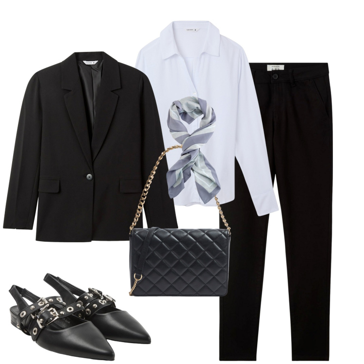 Outfit donna - In ufficio. Stile Minimal per Ufficio. Abbinamento con pantaloni chino, camicie, sabot, blazer, borse a tracolla, foulard.