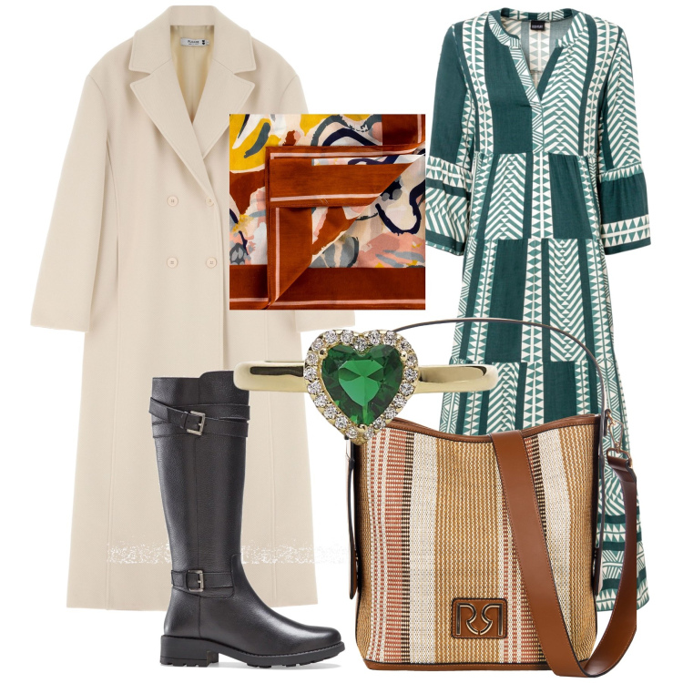 Outfit donna - Città. Stile Urban per Tutti i giorni. Abbinamento con vestiti lunghi, stivali, anelli, foulard, borse a secchiello, cappotti.