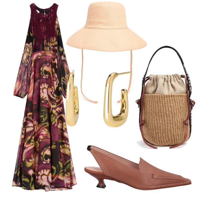Outfit donna - Folk. Stile Boho per Serata fuori. Abbinamento con décolleté, orecchini, vestiti lunghi, borse a mano, cappelli.