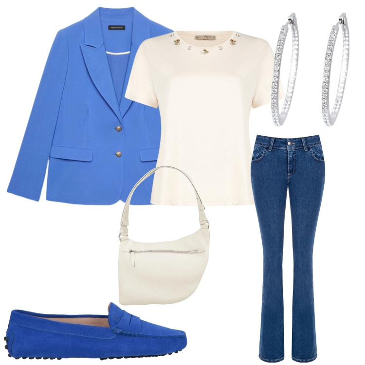 Outfit donna - Jeans a zampa. Stile Casual chic per Tutti i giorni. Abbinamento con mocassini, borse a tracolla, orecchini, jeans a zampa, t-shirt, blazer.