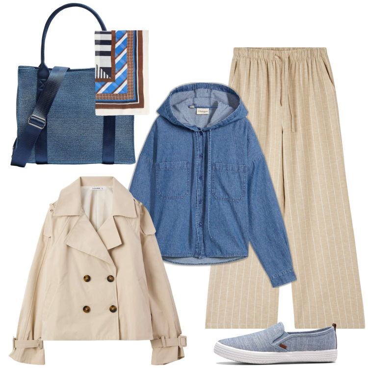Outfit donna - Comoda in viaggio. Stile Casual chic per Tutti i giorni. Abbinamento con camicie, sneakers, pantaloni, trench, shopping bag, foulard.