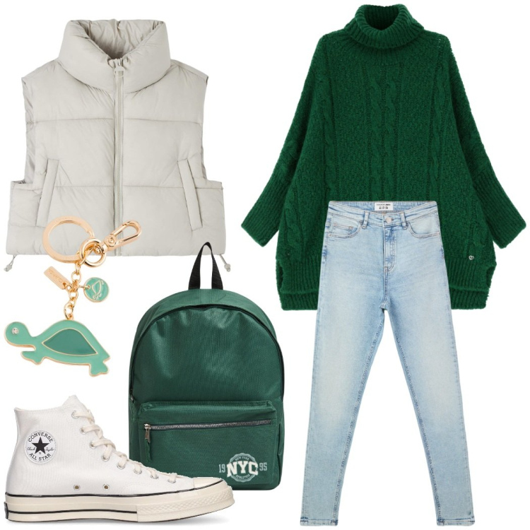 Outfit donna - A lezione. Stile Casual per Scuola/Università. Abbinamento con jeans skinny, zaini, piumini, maglieria, sneakers, portachiavi.