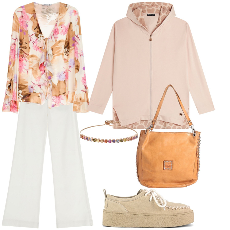 Outfit donna - Vado in gita. Stile Trendy per Tutti i giorni. Abbinamento con borse a mano, braccialetti, camicie, pantaloni a palazzo, felpe con cappuccio, mocassini.