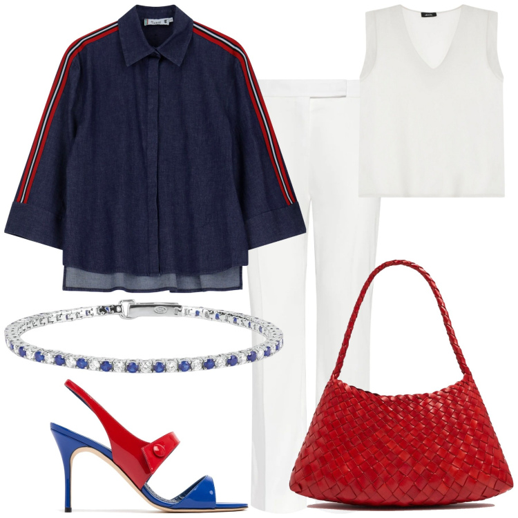 Outfit donna - La Borsa Intrecciata. Stile Casual chic per Tutti i giorni. Abbinamento con braccialetti, camicie, top, pantaloni, sandali in pelle, borse a spalla.