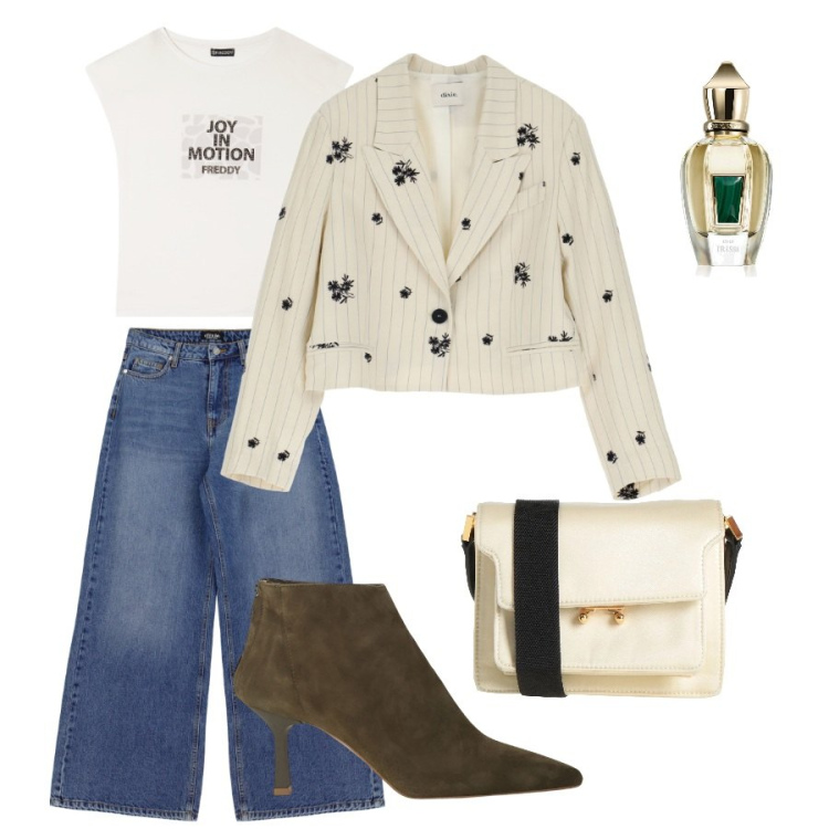 Outfit donna - Il trench versatile. Stile Glamour per Tutti i giorni. Abbinamento con borse a tracolla, profumi, t-shirt, stivaletti, jeans a zampa, blazer.