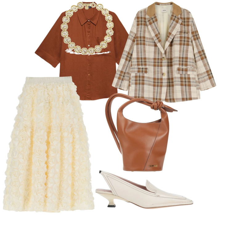 Outfit donna - In ufficio romantica. per Ufficio. Abbinamento con décolleté, borse a secchiello, blazer, gonne, camicie, collane.