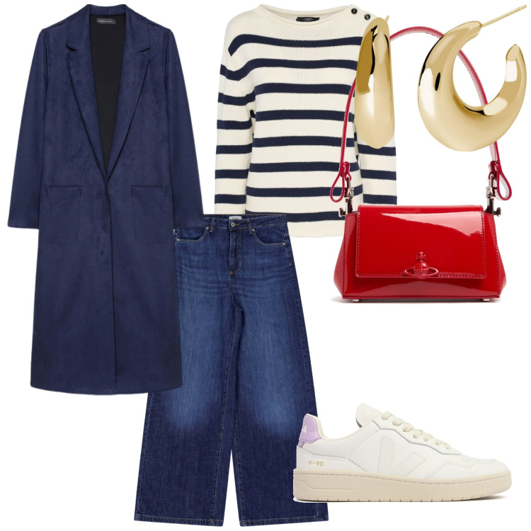 Outfit donna - In città. per Tutti i giorni. Abbinamento con orecchini, jeans, trench, maglieria, borse a spalla, sneakers.