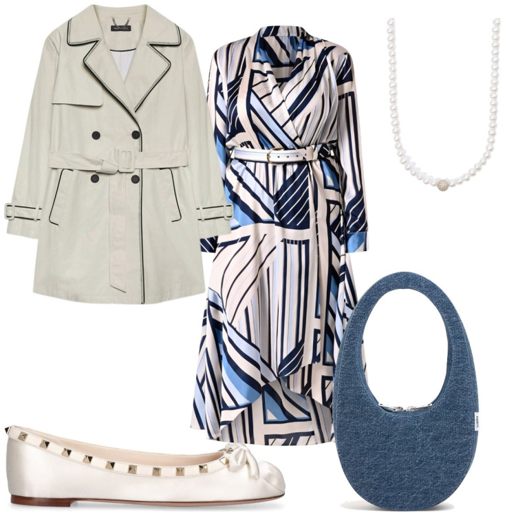 Outfit donna - Total look #2093086. Stile Trendy per Tutti i giorni. Abbinamento con collane, vestiti chemisier, trench, borse a mano, ballerine.
