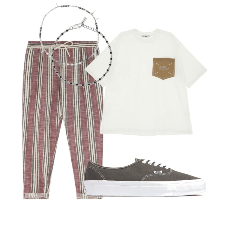 Outfit uomo - nfluenze bohemien nell'abbigliamento mas. Stile Casual per Tutti i giorni. Abbinamento con braccialetti, pantaloni, t-shirt, collane, sneakers.