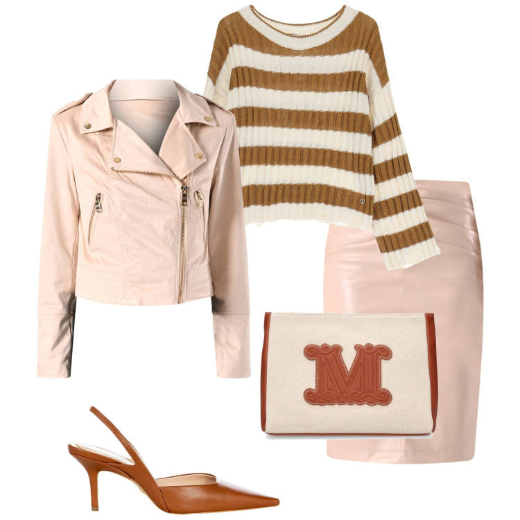 Outfit donna - In città. Stile Casual chic per Ufficio. Abbinamento con gonne, décolleté, giacche, maglieria, pochette.