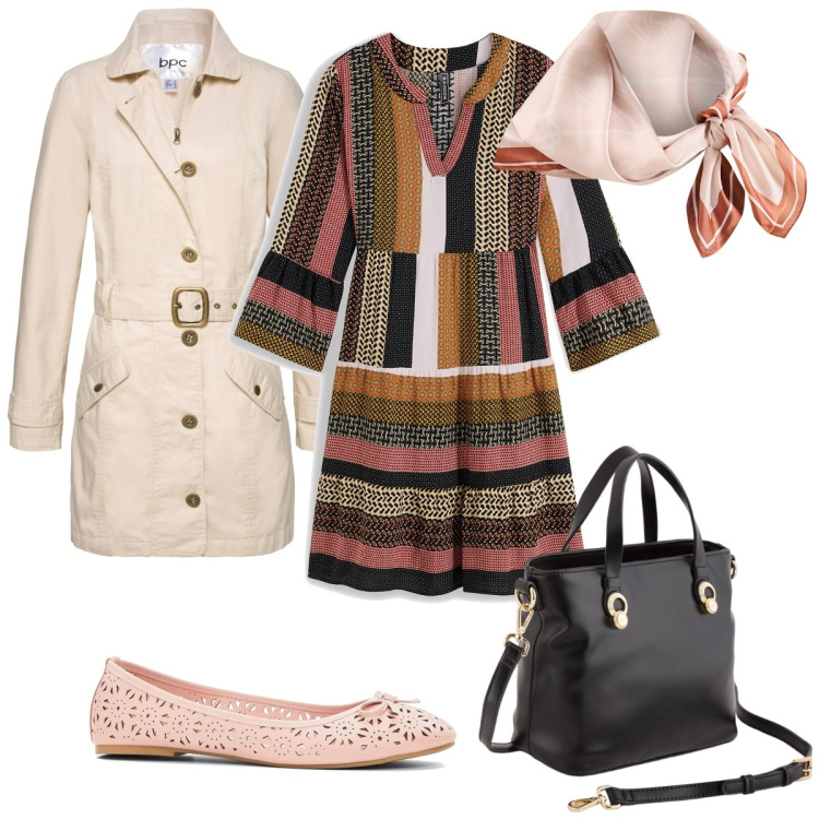 Outfit donna - Total look #2093091. Stile Etnico per Tutti i giorni. Abbinamento con vestiti corti, trench, ballerine, foulard, borse a mano.
