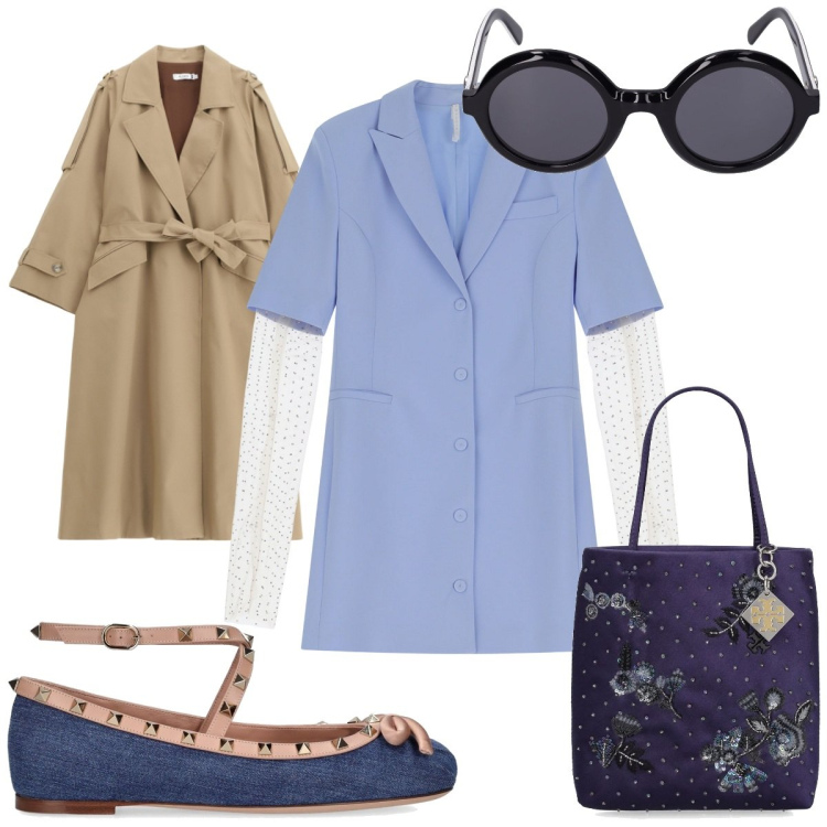 Outfit donna - Total look #2093096. Stile Trendy per Tutti i giorni. Abbinamento con trench, vestiti corti, occhiali da sole, borse a mano, ballerine.
