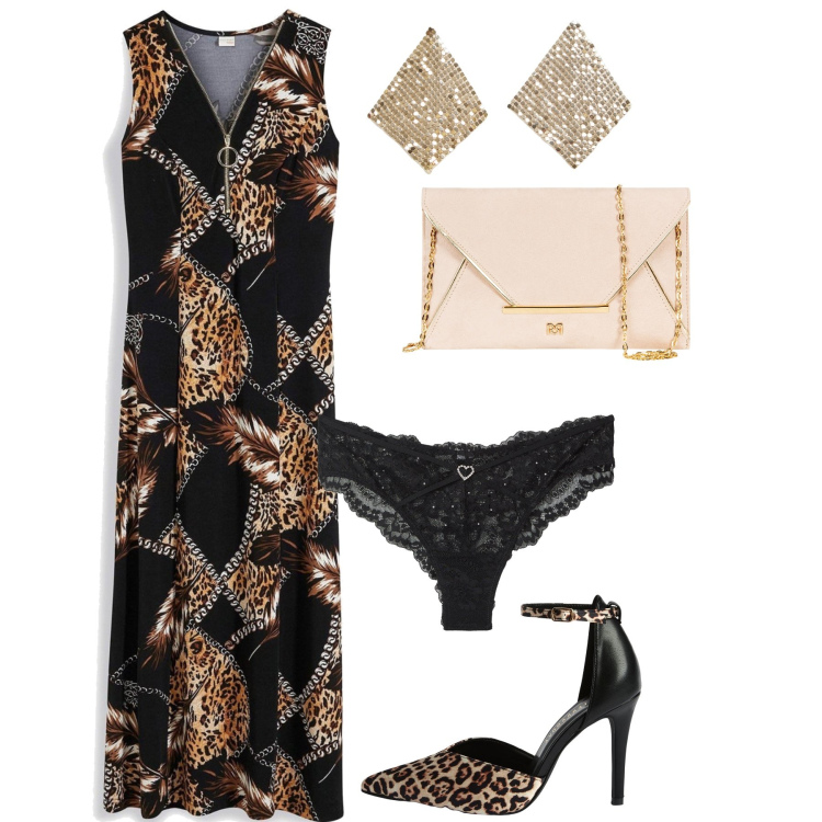 Outfit donna - Pronta per la serata. Stile Glamour per Serata fuori. Abbinamento con vestiti lunghi, décolleté, orecchini, culotte, pochette.