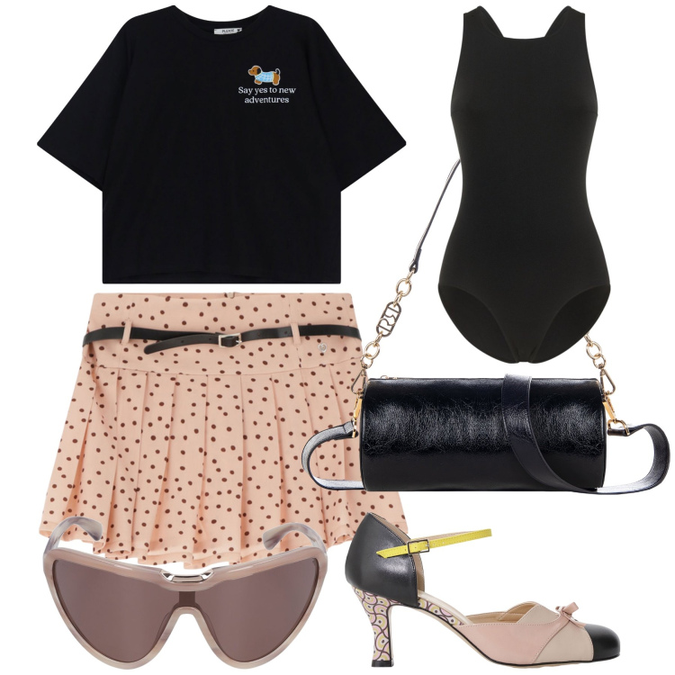 Outfit donna - Total look. Stile Trendy per Tutti i giorni. Abbinamento con borse a mano, minigonne, t-shirt, décolleté, occhiali da sole, body.