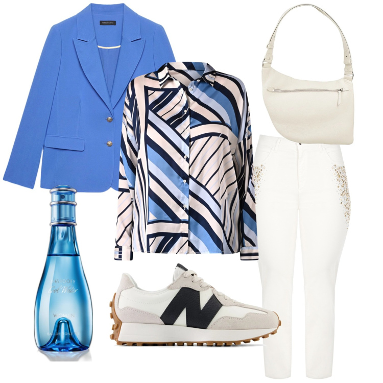 Outfit donna - Ufficio in libertà. Stile Casual per Ufficio. Abbinamento con borse a tracolla, profumi, sneakers, camicie, jeans dritti, blazer.