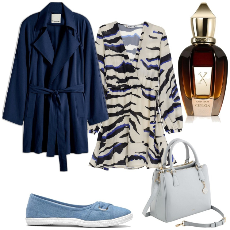 Outfit donna - Total look #2093103. Stile Trendy per Tutti i giorni. Abbinamento con ballerine, trench, profumi, vestiti corti, borse a mano.