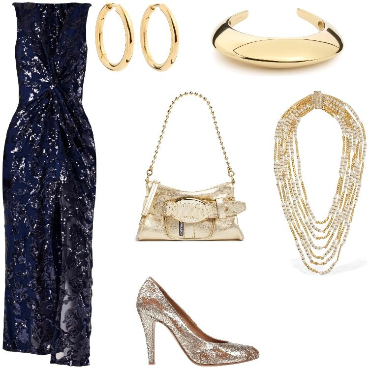 Outfit donna - Outfit serata sbrilluccicosa. Stile Glamour per Serata fuori. Abbinamento con décolleté, vestiti lunghi, collane, borse a spalla, orecchini, braccialetti.