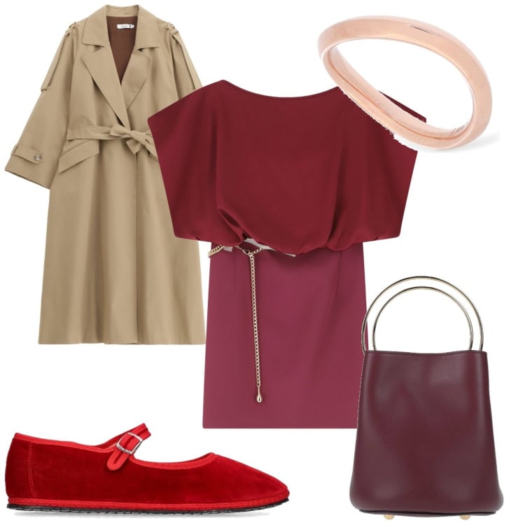 Outfit donna - Total look #2093108. Stile Trendy per Tutti i giorni. Abbinamento con borse a mano, trench, vestiti corti, anelli, ballerine.