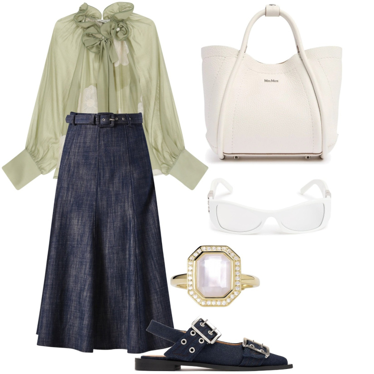 Outfit donna - Gonna midi a ballerine denim. Stile Casual chic per Tutti i giorni. Abbinamento con bluse, anelli, gonne longuette, ballerine, borse a mano, occhiali da sole.