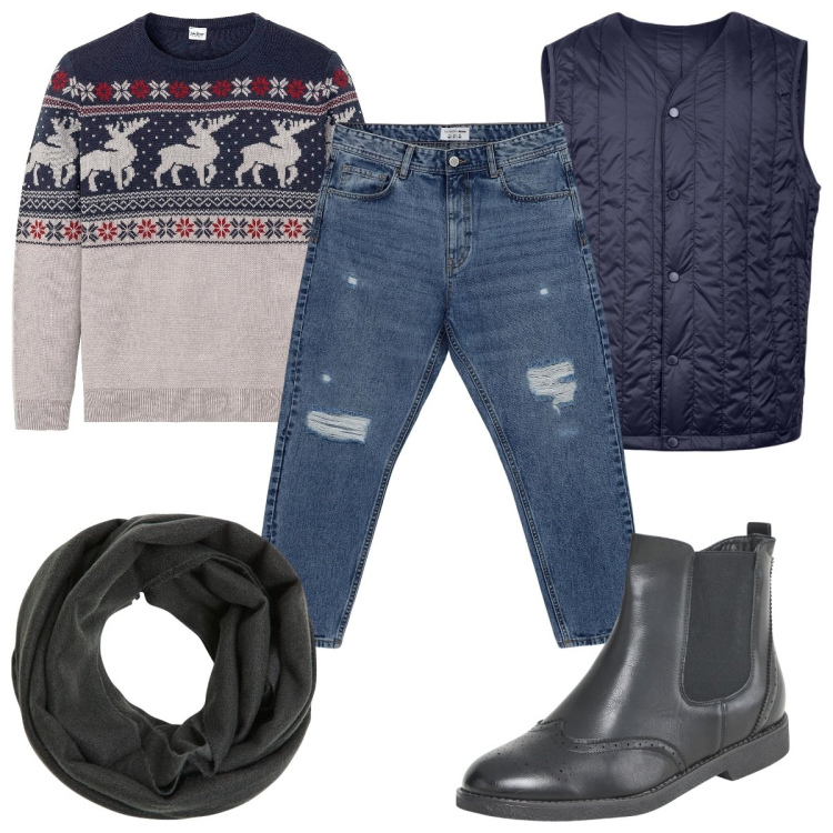 Outfit uomo - Total look #2093120. Stile Casual per Tutti i giorni. Abbinamento con maglieria, stivali e stivaletti, jeans strappati, sciarpe, piumini.