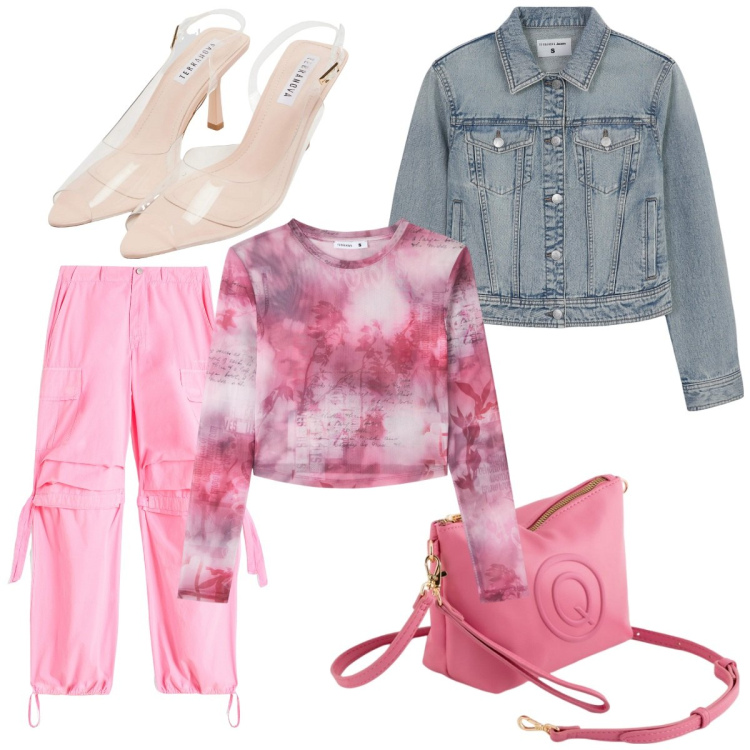 Outfit donna - Total look #2093121. Abbinamento con t-shirt, sandali col tacco, blazer, pantaloni cargo, valigie.