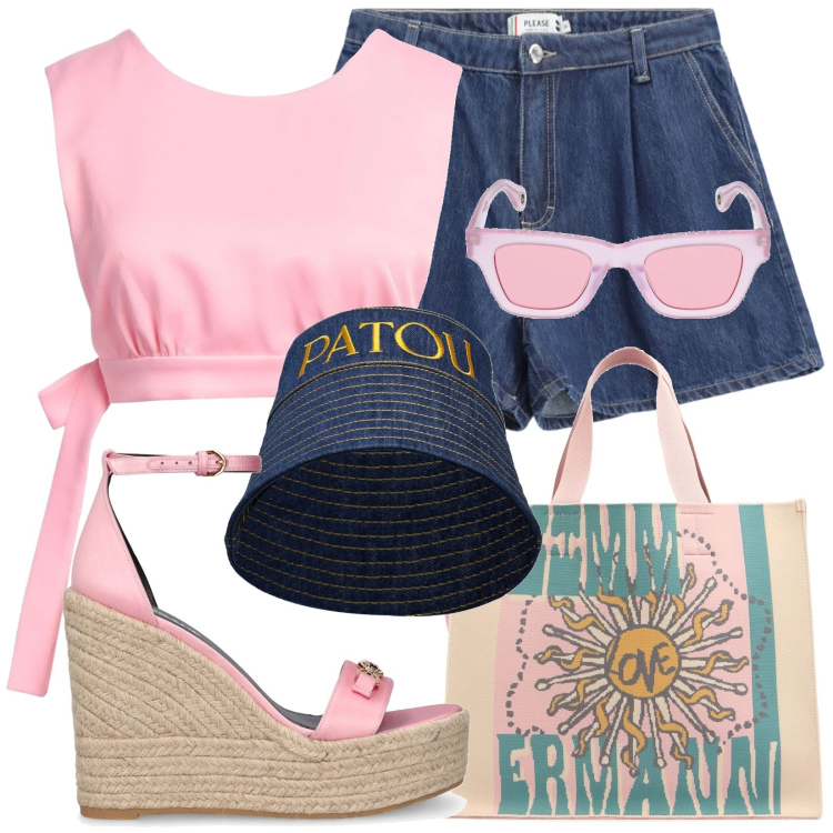 Outfit donna - Mare...in rosa. Stile Casual per Mare. Abbinamento con top, shorts, cappelli, occhiali da sole, zeppe, shopping bag.
