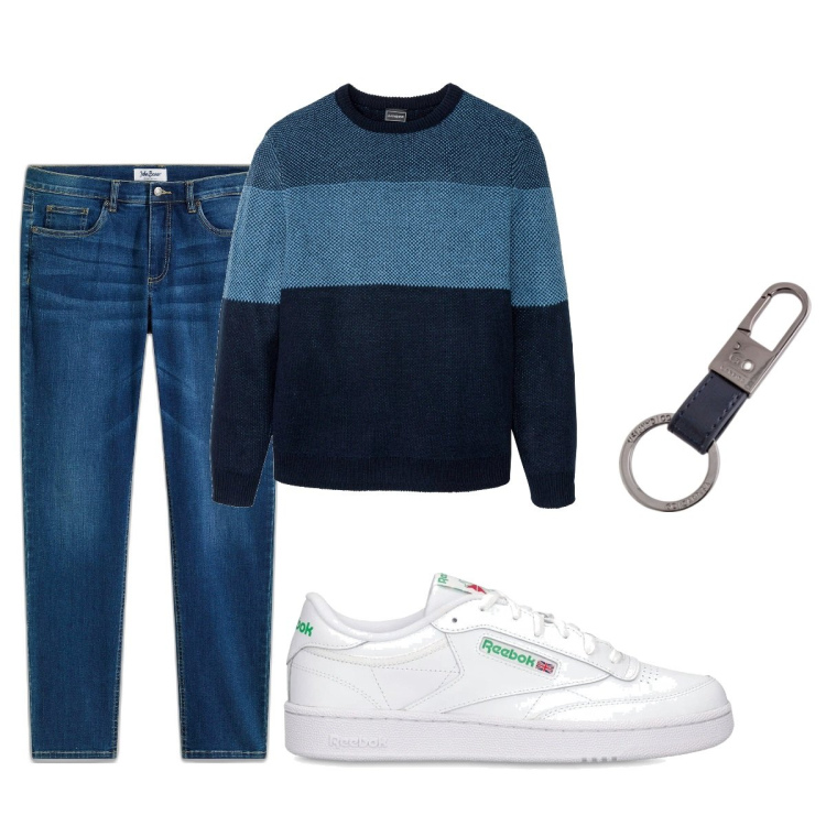 Outfit uomo - Total look #2093134. Stile Casual per Tutti i giorni. Abbinamento con jeans, maglieria, sneakers, portachiavi.