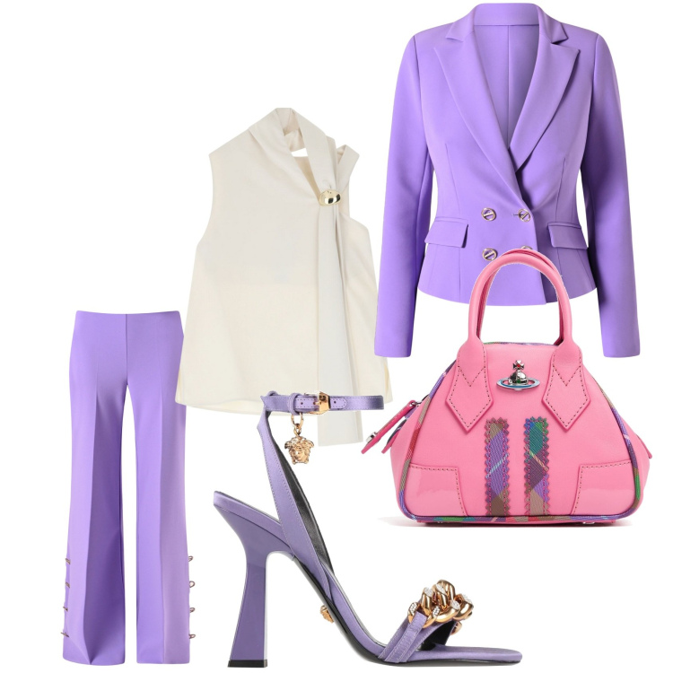 Outfit donna - Lilla love. Stile Casual chic per Serata fuori. Abbinamento con sandali in pelle, pantaloni a palazzo, blazer, top, borse a mano.