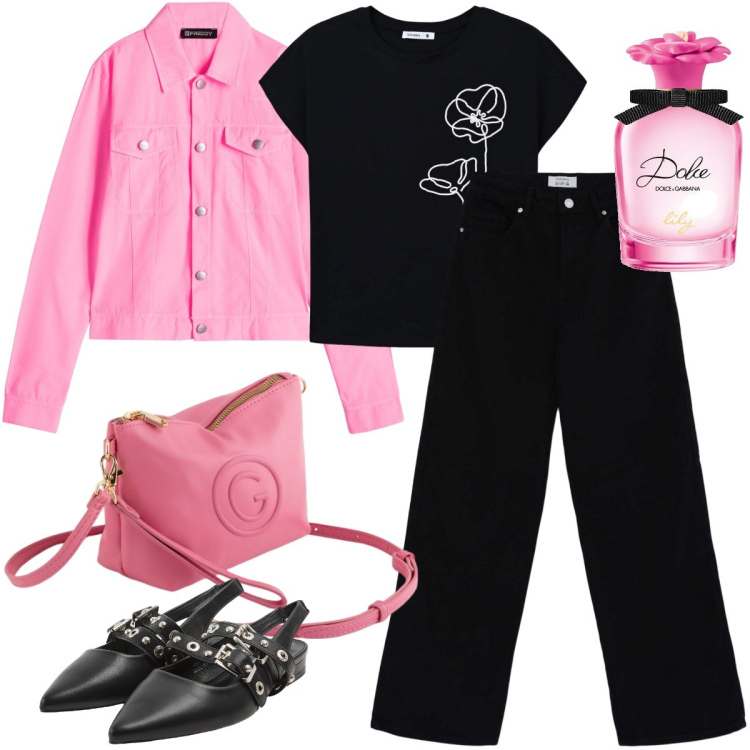 Outfit donna - Total look #2093142. Stile Casual chic per Serata fuori. Abbinamento con profumi, blazer, t-shirt, pantaloni, valigie, sabot.