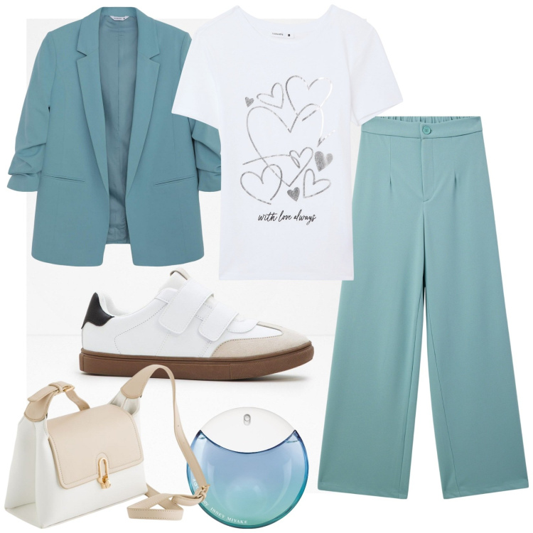 Outfit donna - Total look #2093143. Stile Casual per Tutti i giorni. Abbinamento con sneakers, profumi, t-shirt, pantaloni, blazer, borse a tracolla.